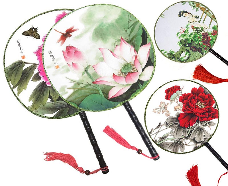 Fodattm 4PCS Round Double-Sided Pattern Chinese Ancient Palace Paddle Hand Fan for Classic Dance - Image 1